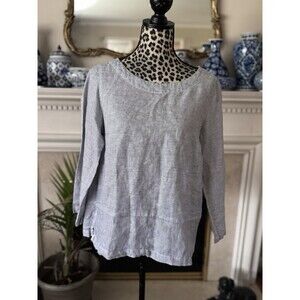 Tahari Navy White Pin Striped Linen Blouse Lagenlook Top Minimalist M Classic